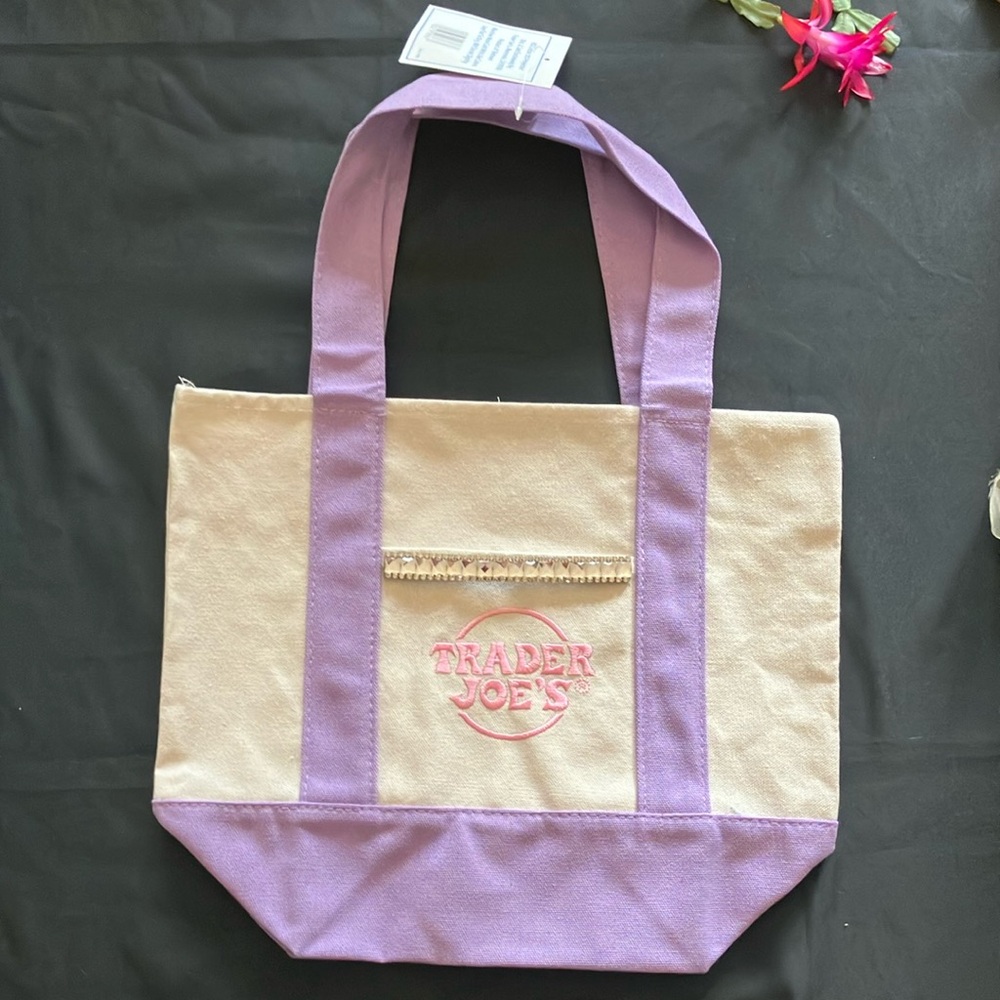 Purple and Cream Tote Bag With Rhinestone Trimming